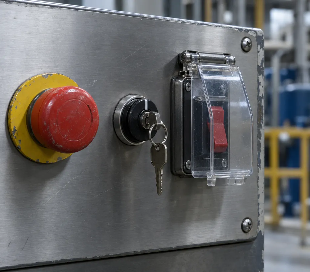 An industrial control panel with an emergency stop, a keyed selector and a switch guarded under a hinged cover