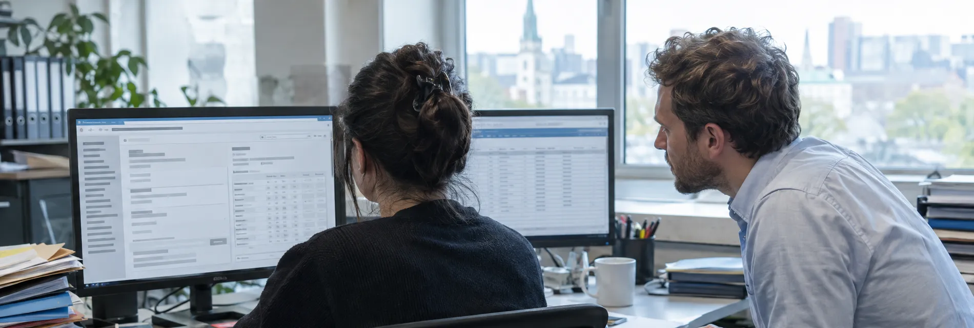 An engineer sitting alongside a specialist at their own desk, watching a routine task being worked through