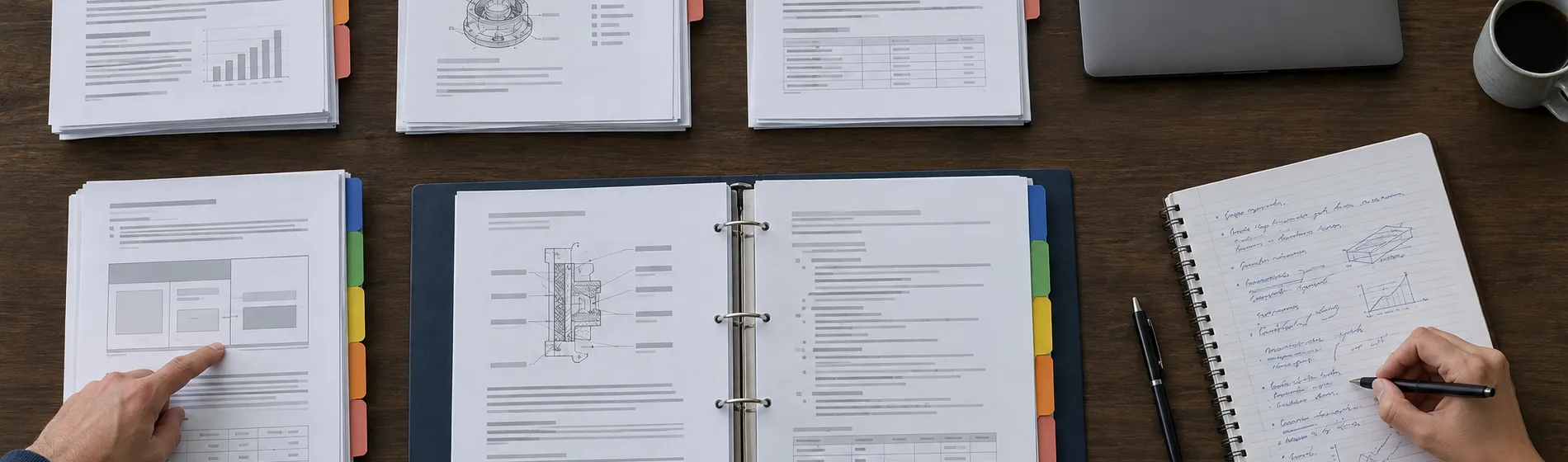 Technical documentation, tabbed binders and an annotated notebook spread across a table, seen from above