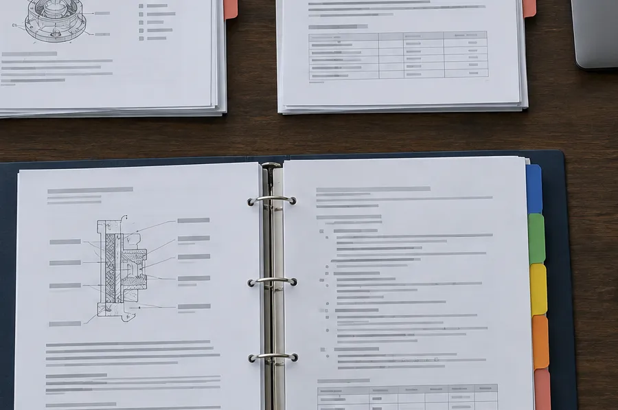 Technical documentation and annotated notes spread across a table