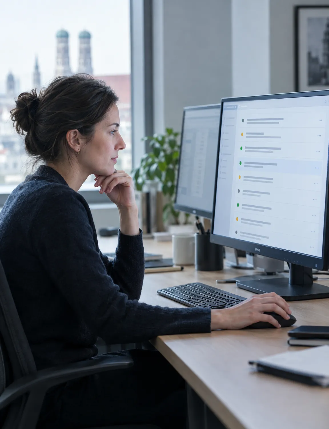 An operations specialist reviewing a queue of proposed actions on screen before approving one