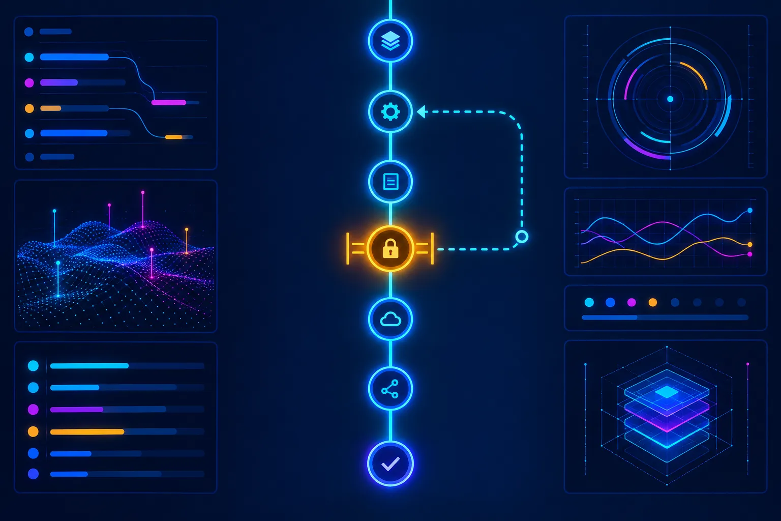 An agent’s run shown as a chain of steps, one held at an approval gate, with a dashed rollback path