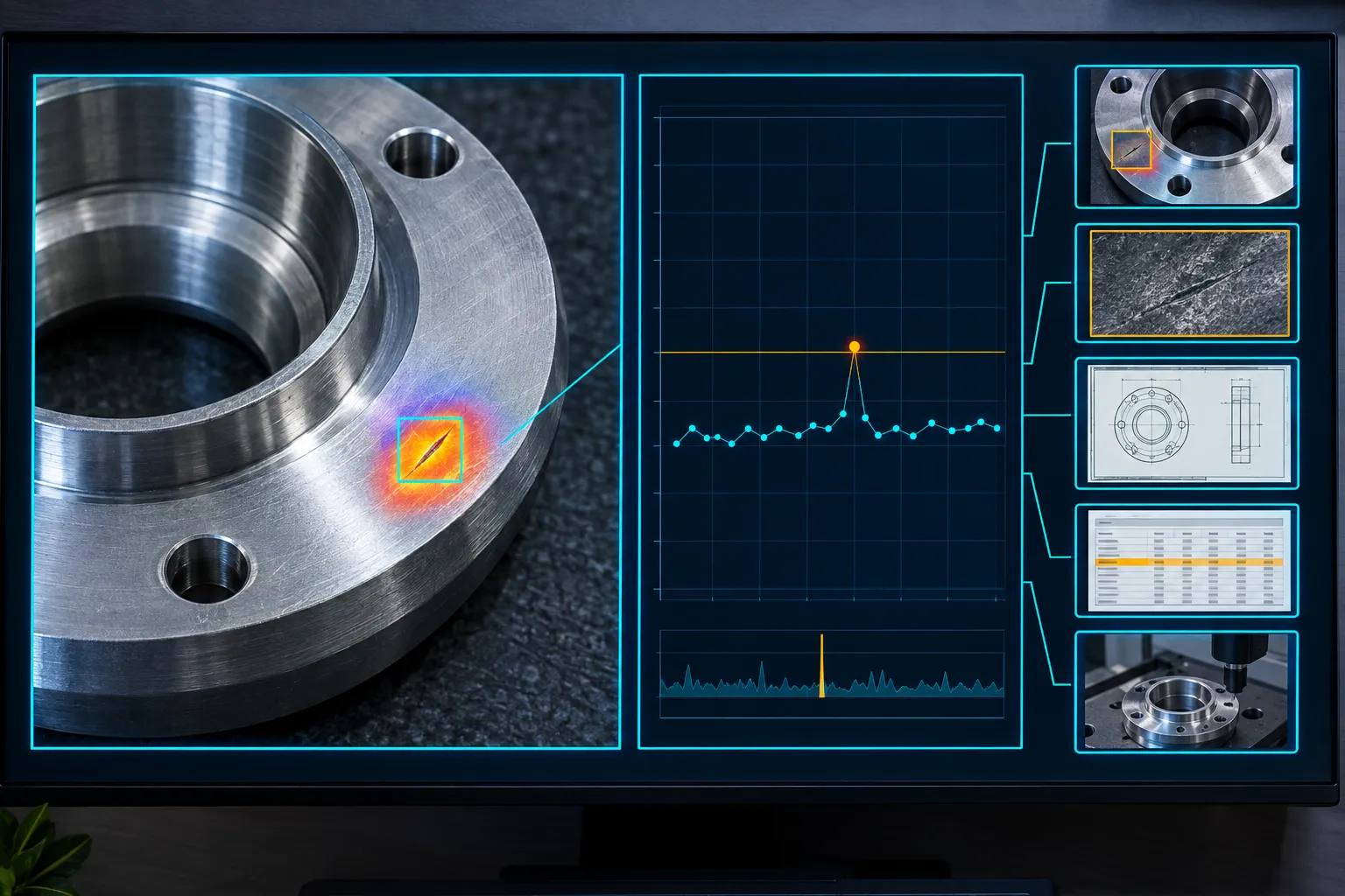 A quality case assembled on screen: a flagged surface defect, the measurement that caught it and the linked documents