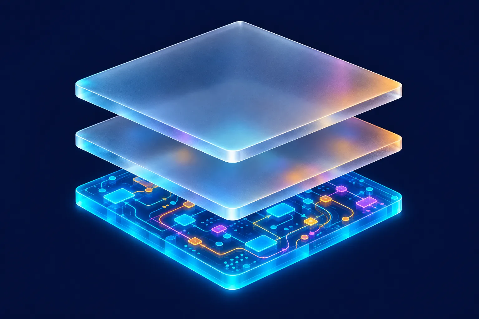 Three stacked glass layers: two plain platform layers above a glowing layer of process patterns