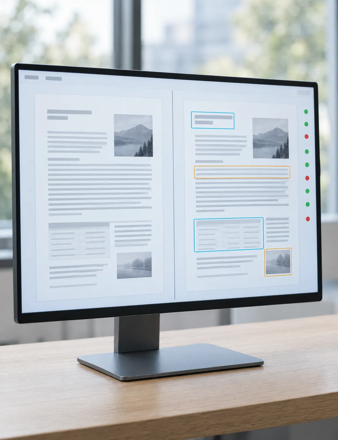 A monitor showing a document side by side with the model’s version of it, differing regions outlined and a column of pass and fail markers