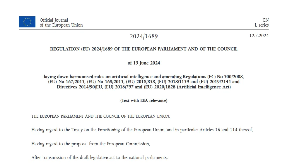 Image of the first page of the EU AI Act