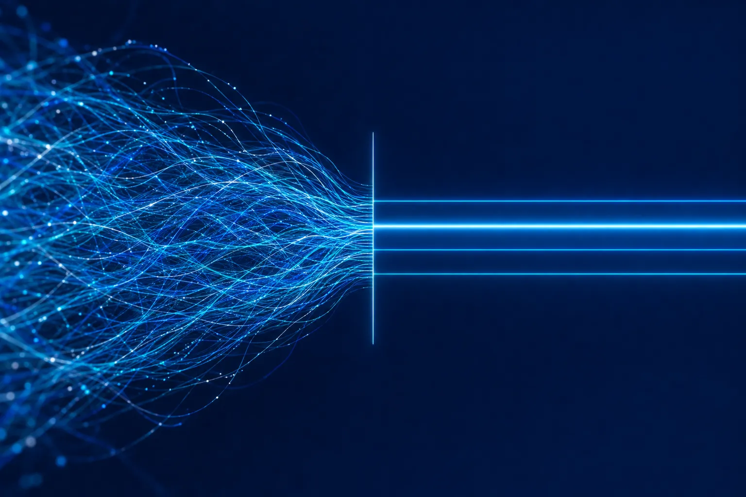 Abstract artwork on deep navy: a loose tangle of fine blue and cyan threads converges through a thin vertical gate and leaves as four straight parallel channels of light, one glowing brighter than the rest