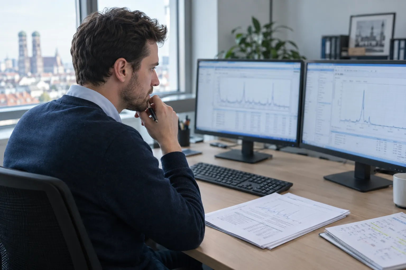 A technical reviewer in a Munich office comparing a result on one monitor against an independent reference on a second, pen in hand, with an annotated printed report on the desk