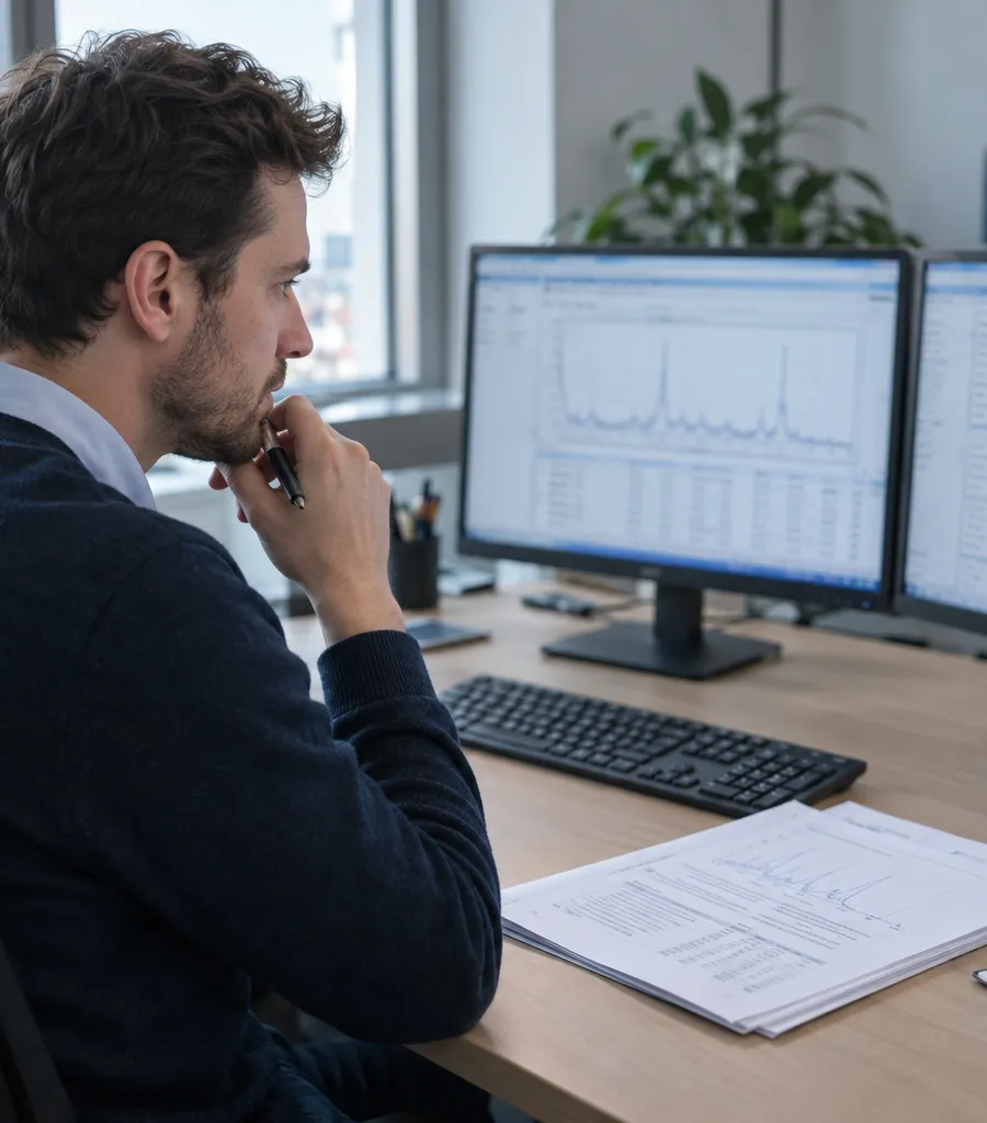 A technical reviewer comparing results on two monitors
