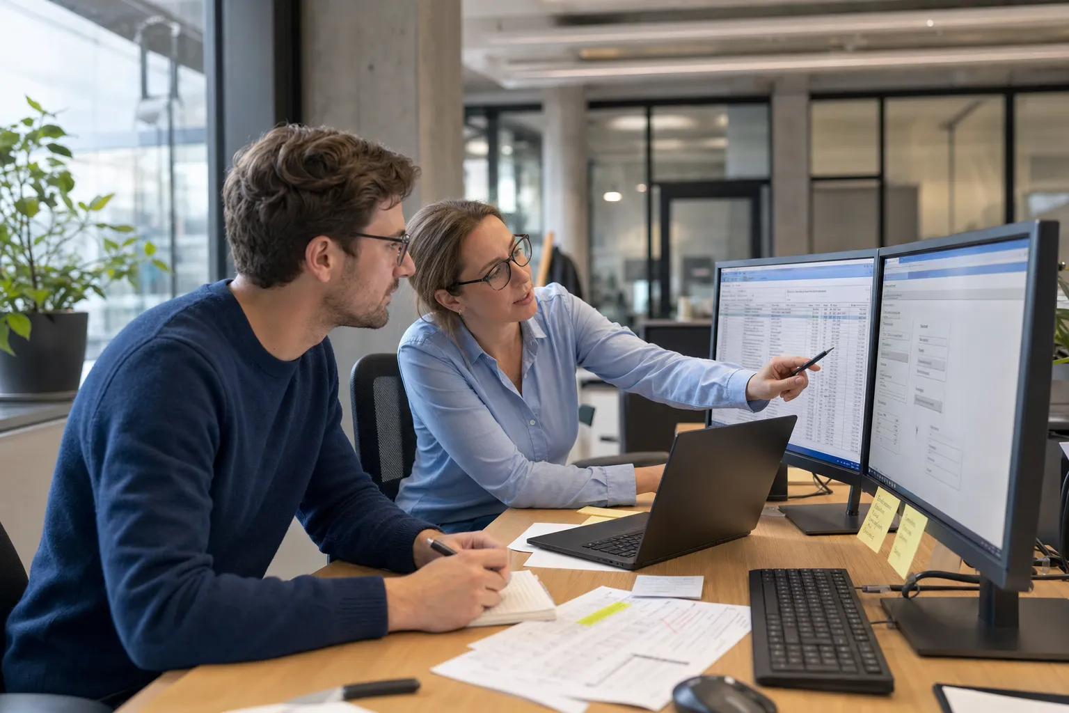A Forward Deployed Engineer sitting side by side with a finance specialist at one desk, watching the real workflow being walked through on screen