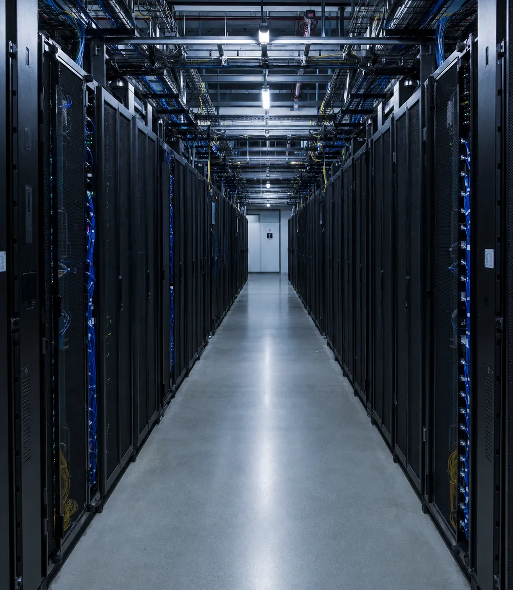 Blue-lit data center environment for AI systems