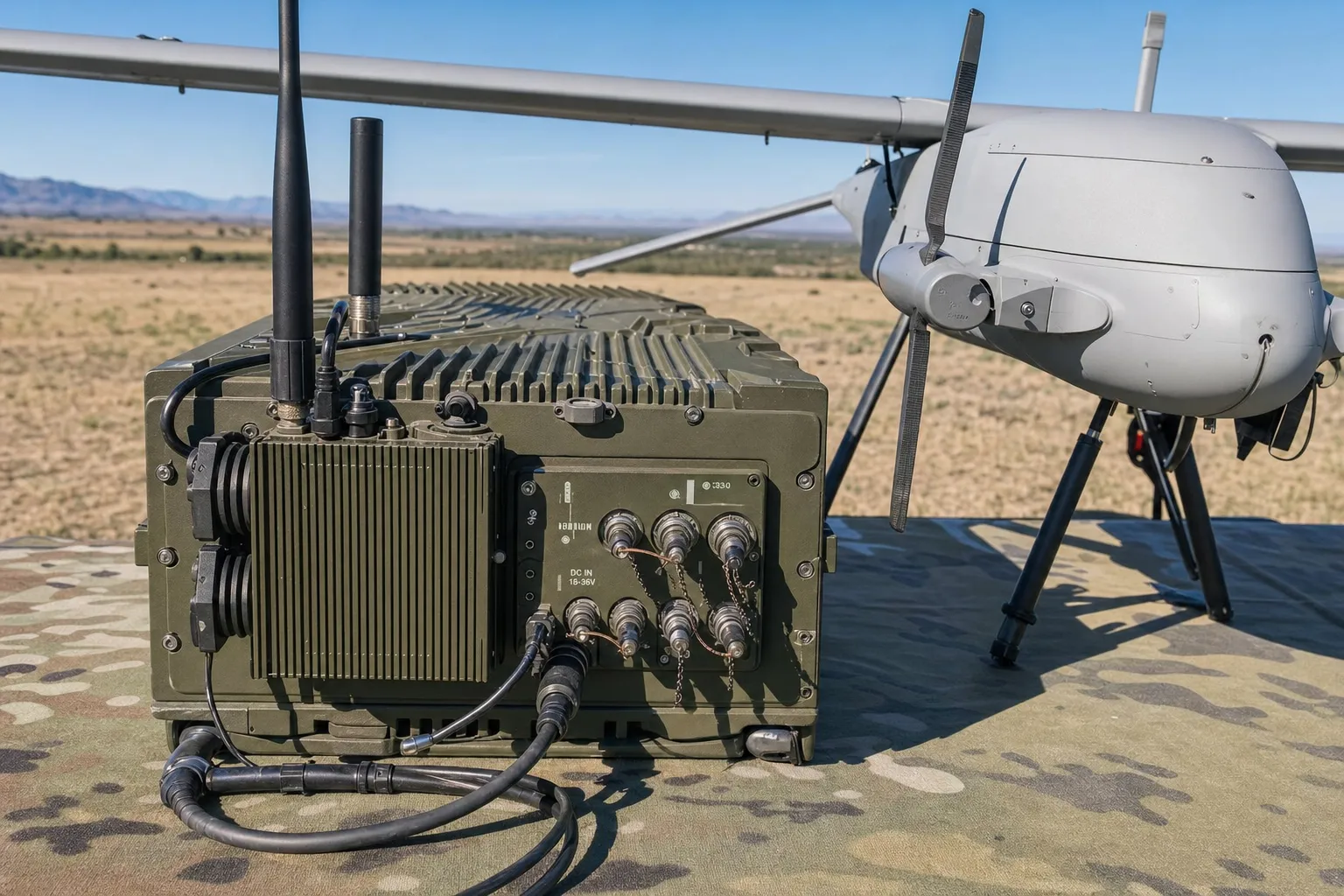 A ruggedised edge computer deployed in the field next to an unmanned aircraft