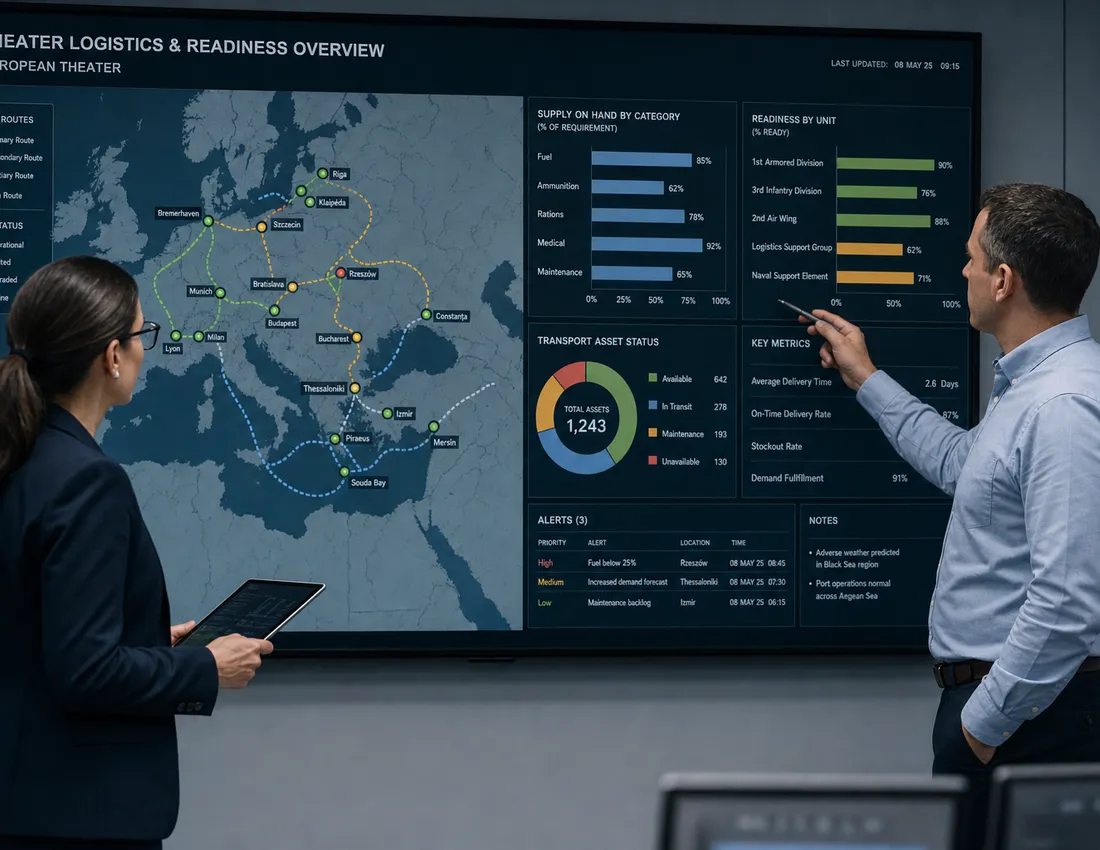 Analysts reviewing a readiness and logistics dashboard