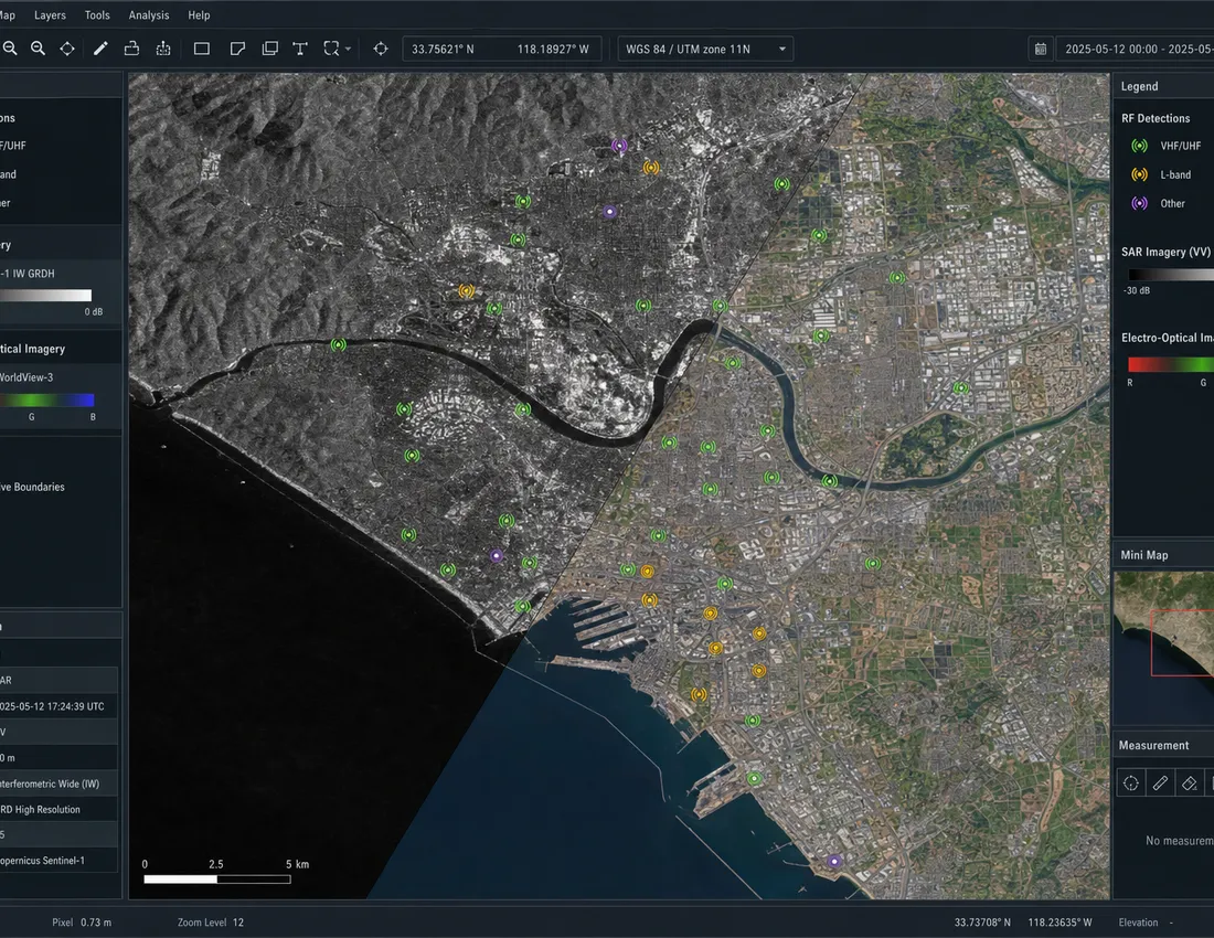 Multi-sensor fusion combining SAR, electro-optical, and RF layers