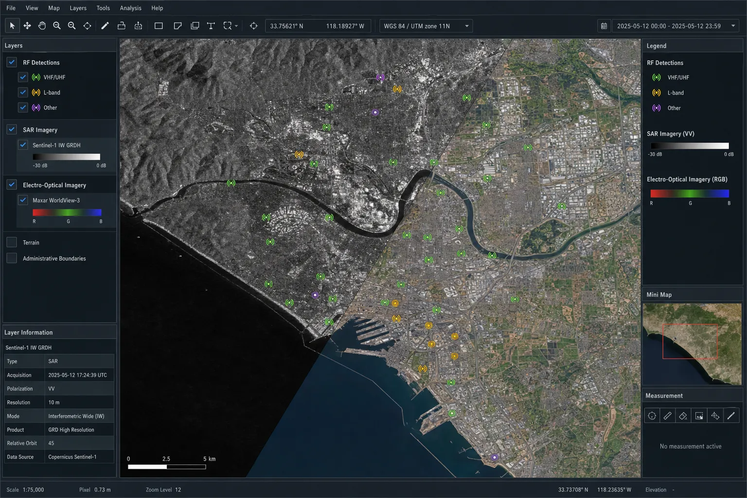 A geospatial interface overlaying detections from several sensor sources on a map