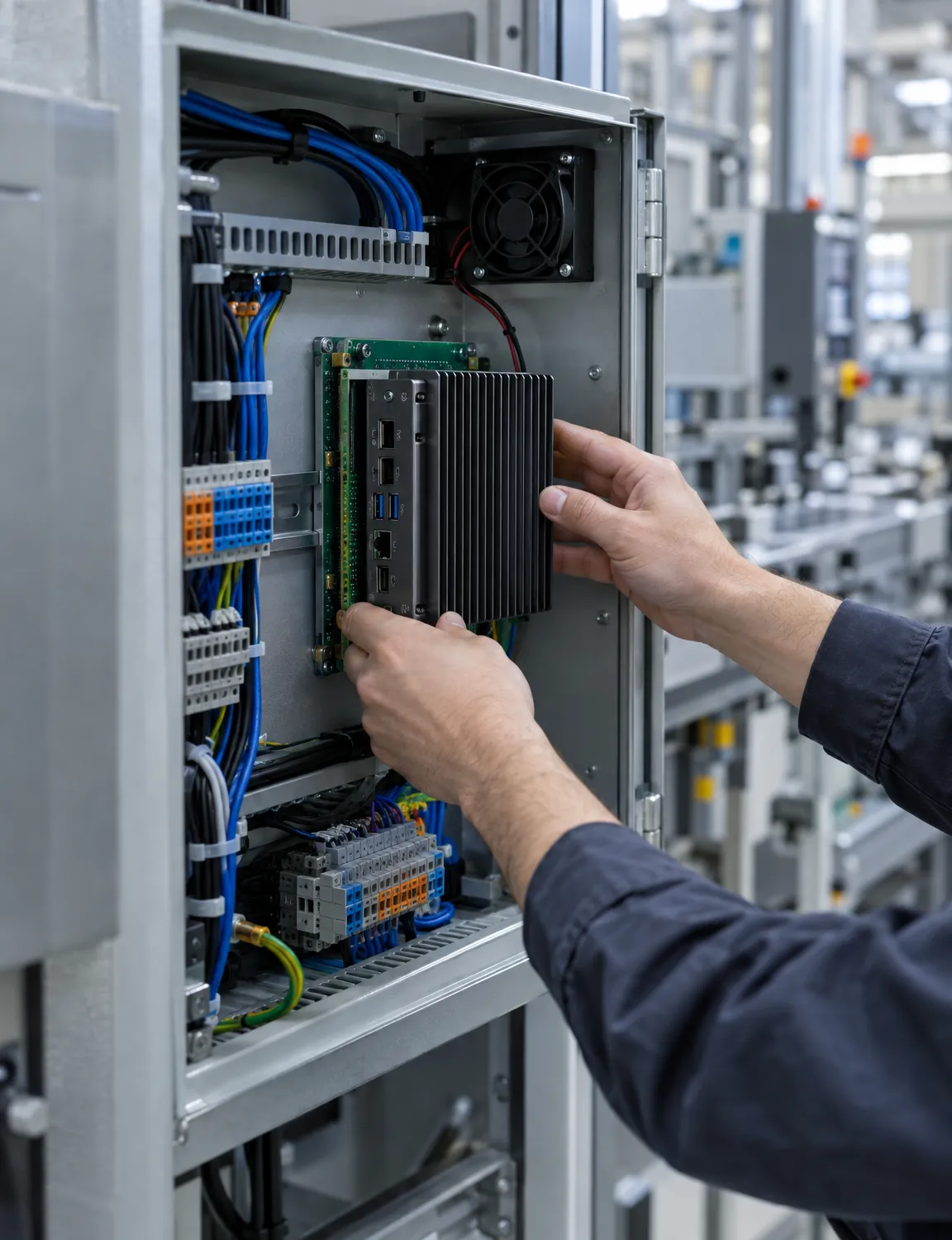 An engineer fitting a fanless compute module into an industrial control cabinet on a production machine