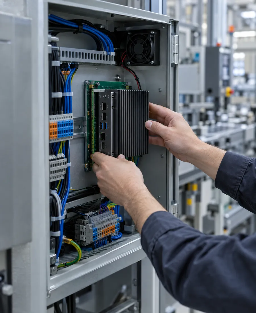 An engineer fitting a compute module into an industrial control cabinet