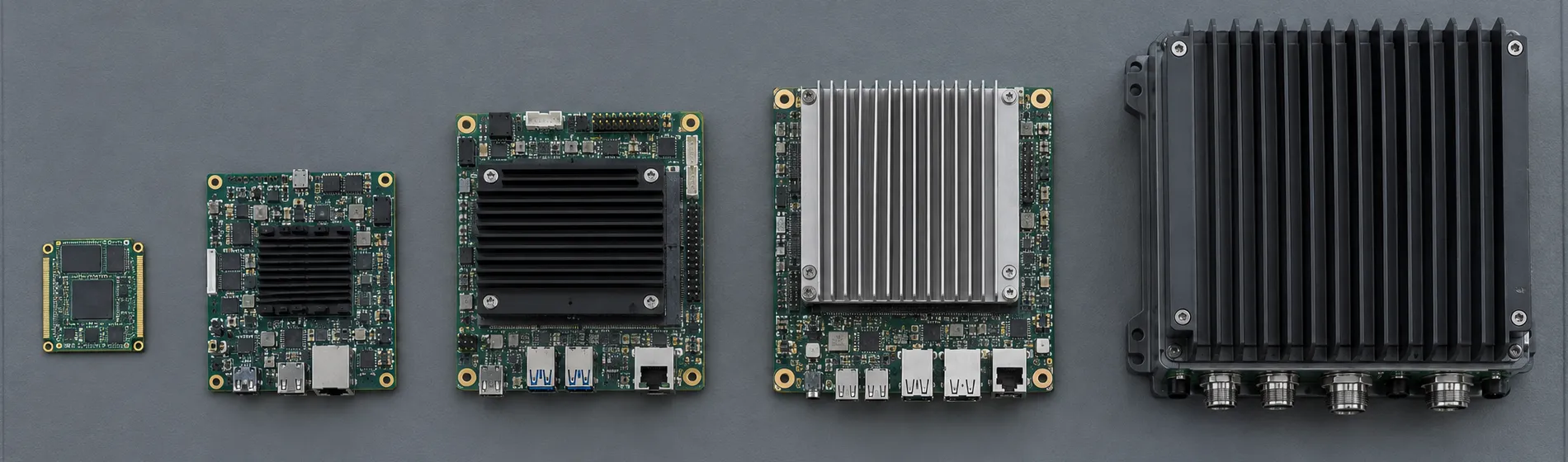 Five embedded compute modules of ascending size laid out on an anti-static mat beside a steel rule