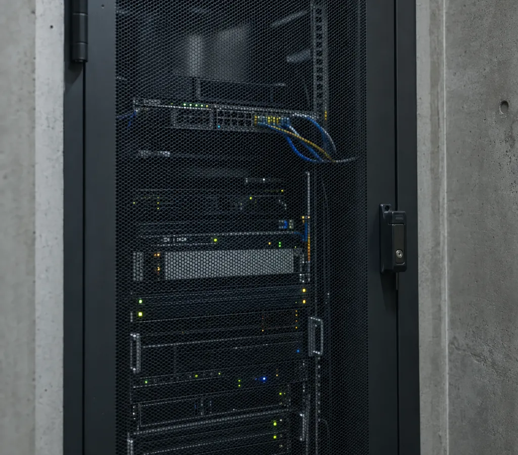 A locked on-premise server rack behind a perforated steel door in a plant equipment room