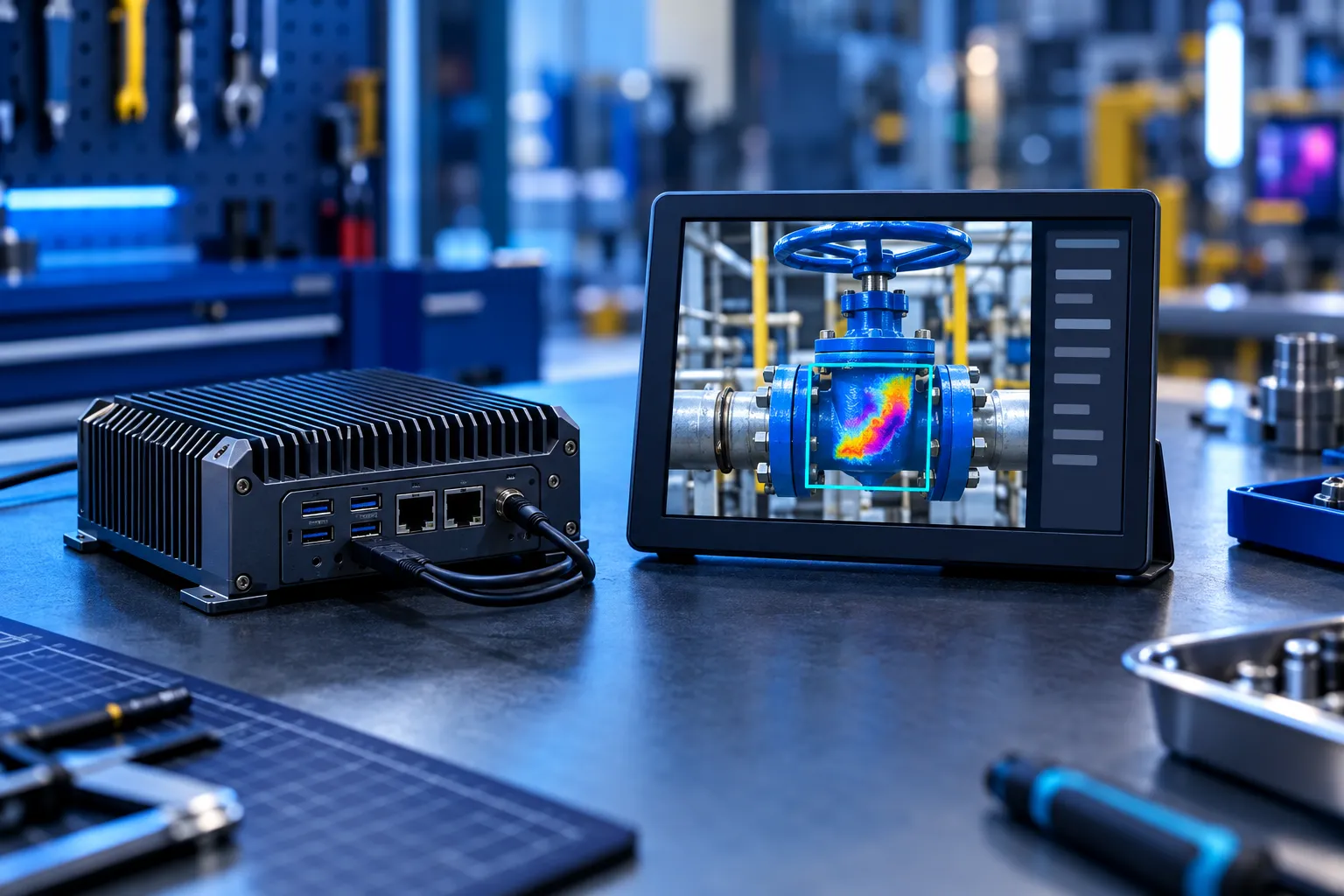 A compact edge AI box and screen on a workbench, the screen showing a camera view of a valve with one region highlighted