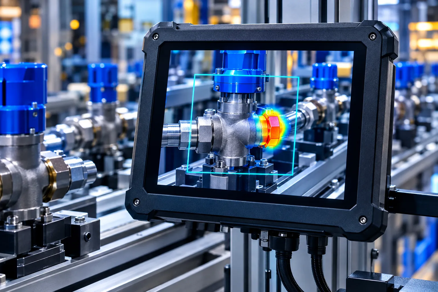 A rugged touchscreen on a production line showing a live detection on a valve assembly