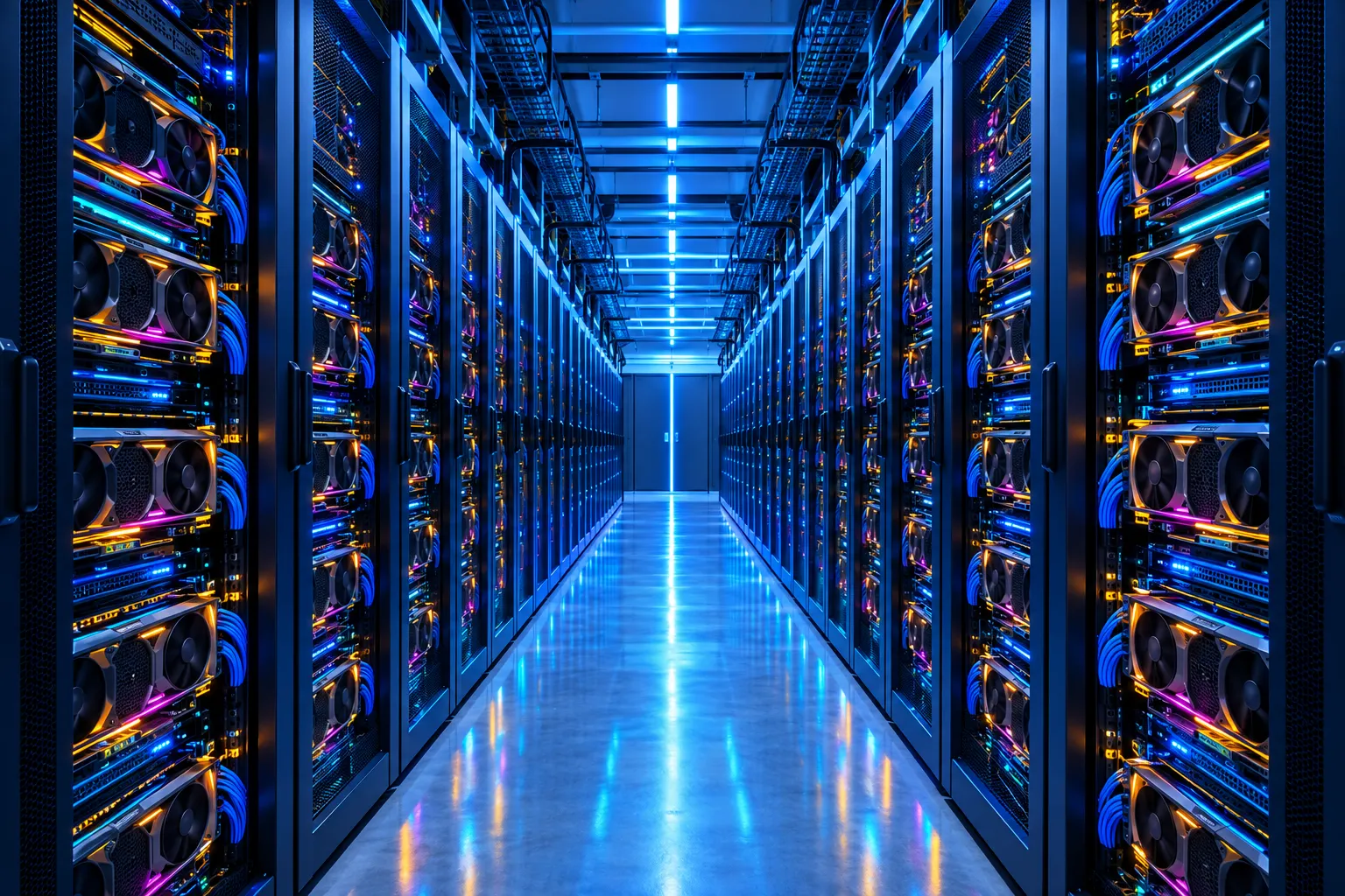 An aisle of GPU server racks in a private data centre
