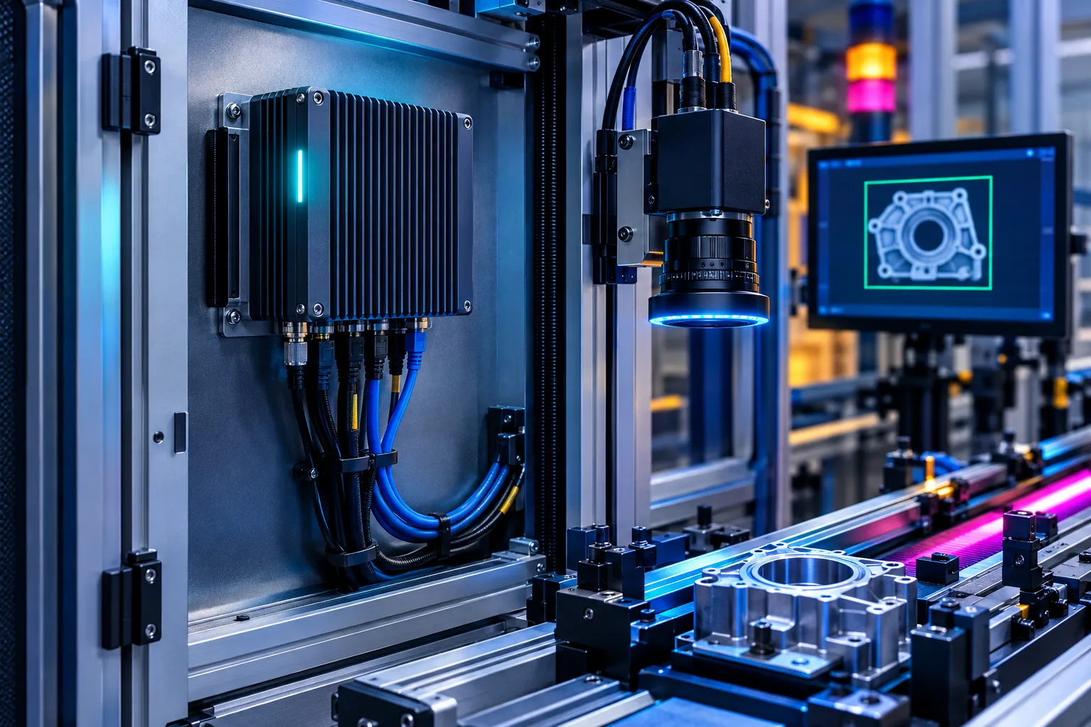 A compact AI compute module mounted inside a machine enclosure beside an inspection camera