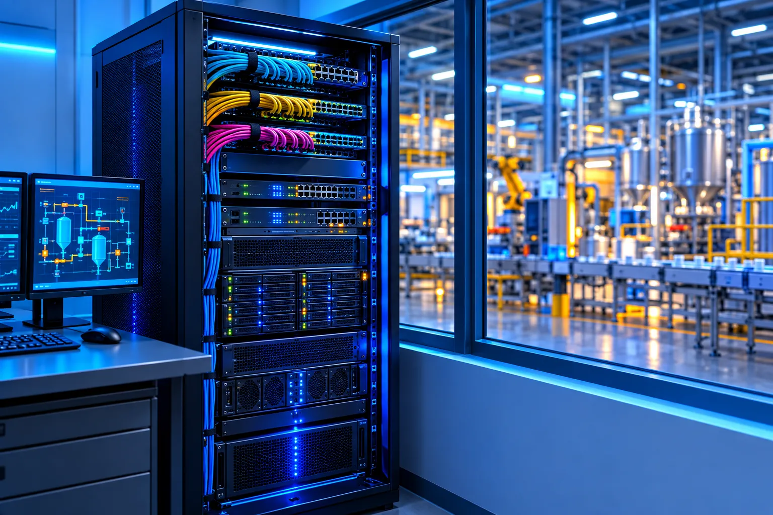 An on-premise server rack in a plant control room overlooking the factory floor
