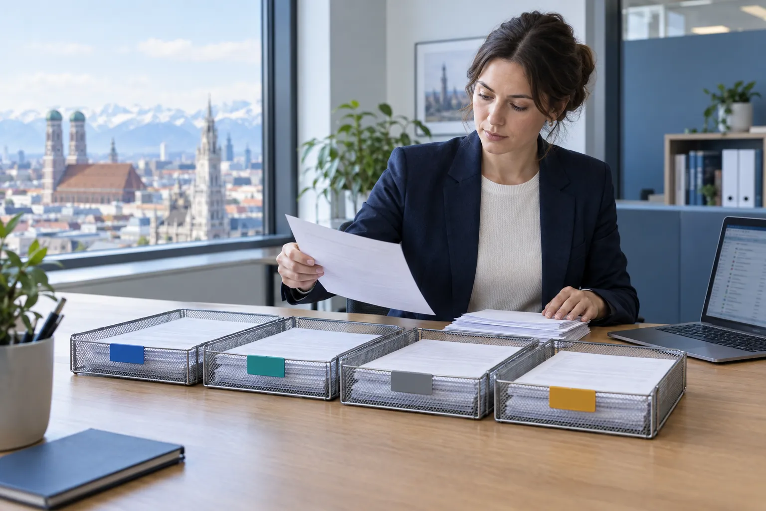 An operations lead in an office sorting printed customer enquiries into four colour-tabbed wire trays, one sheet held up while she decides where it belongs