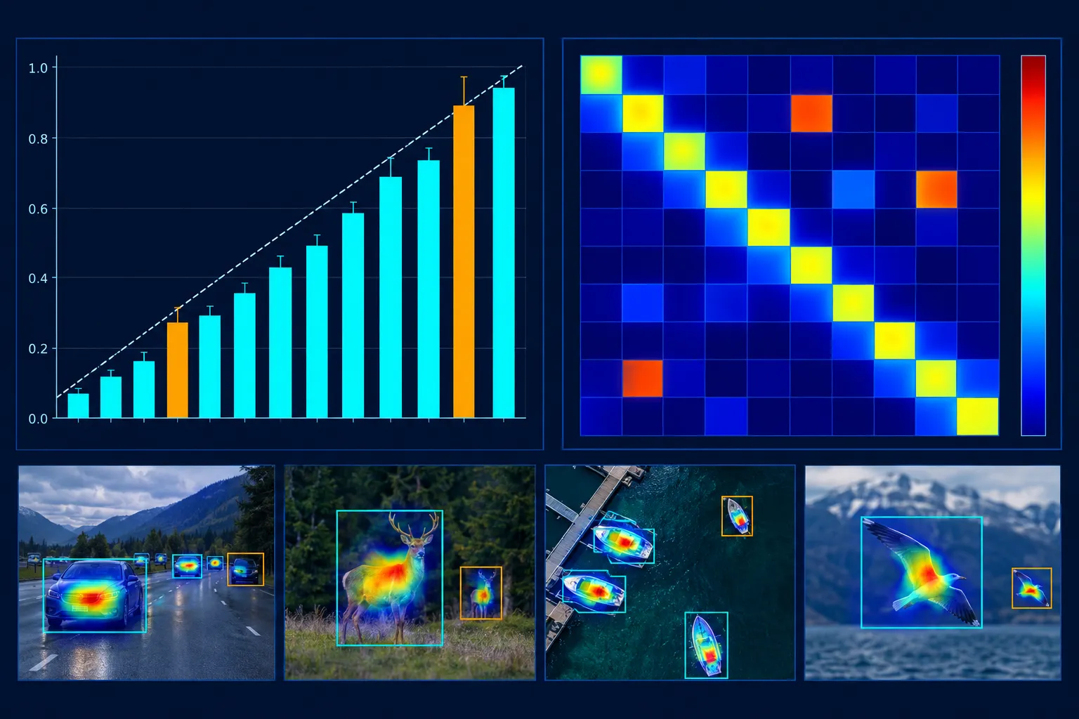 A reliability diagram with bars close to the diagonal and a confusion-matrix heat map with a strong diagonal