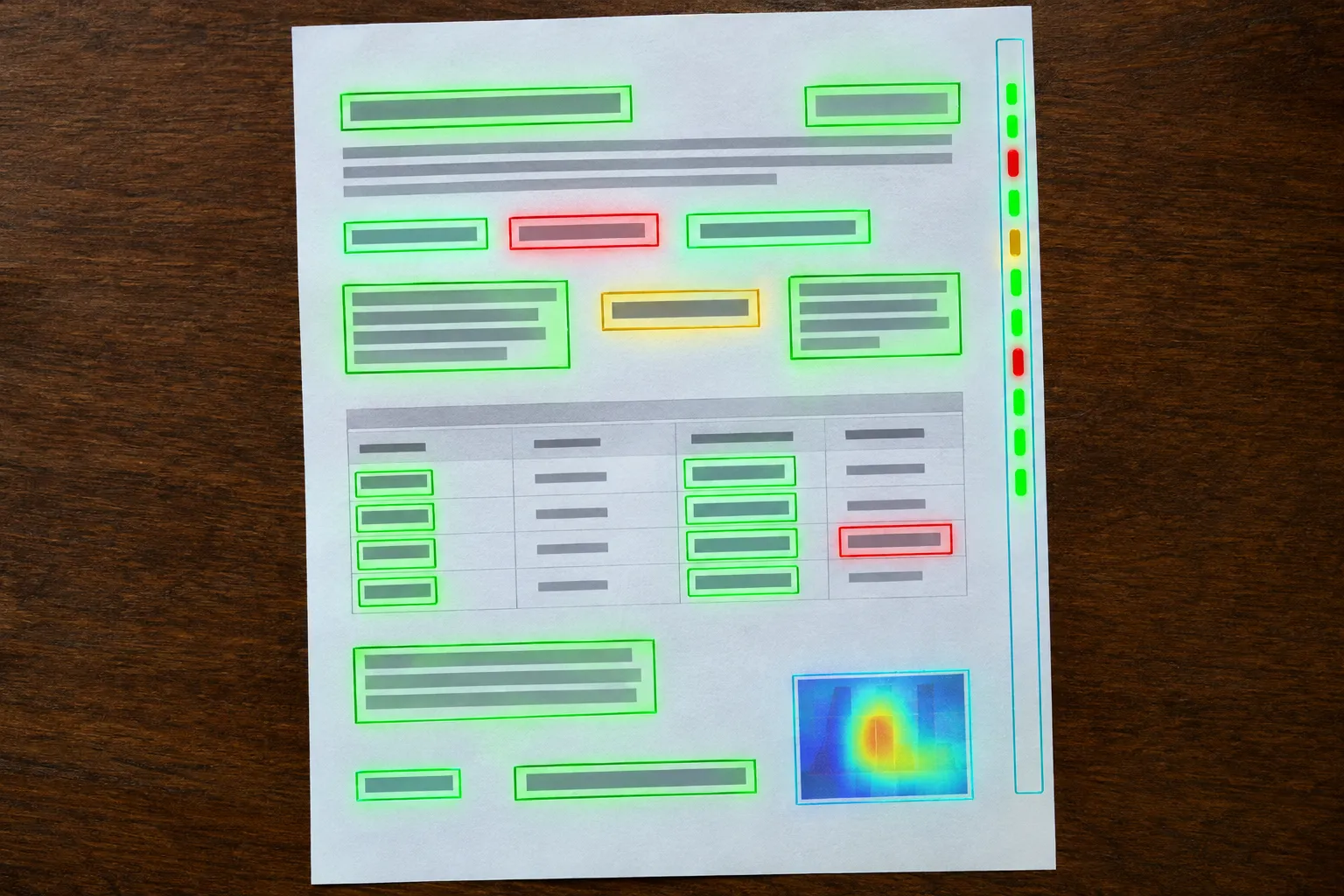 A document with extracted fields outlined in green, two in red where they disagree with the confirmed value and one in amber for review