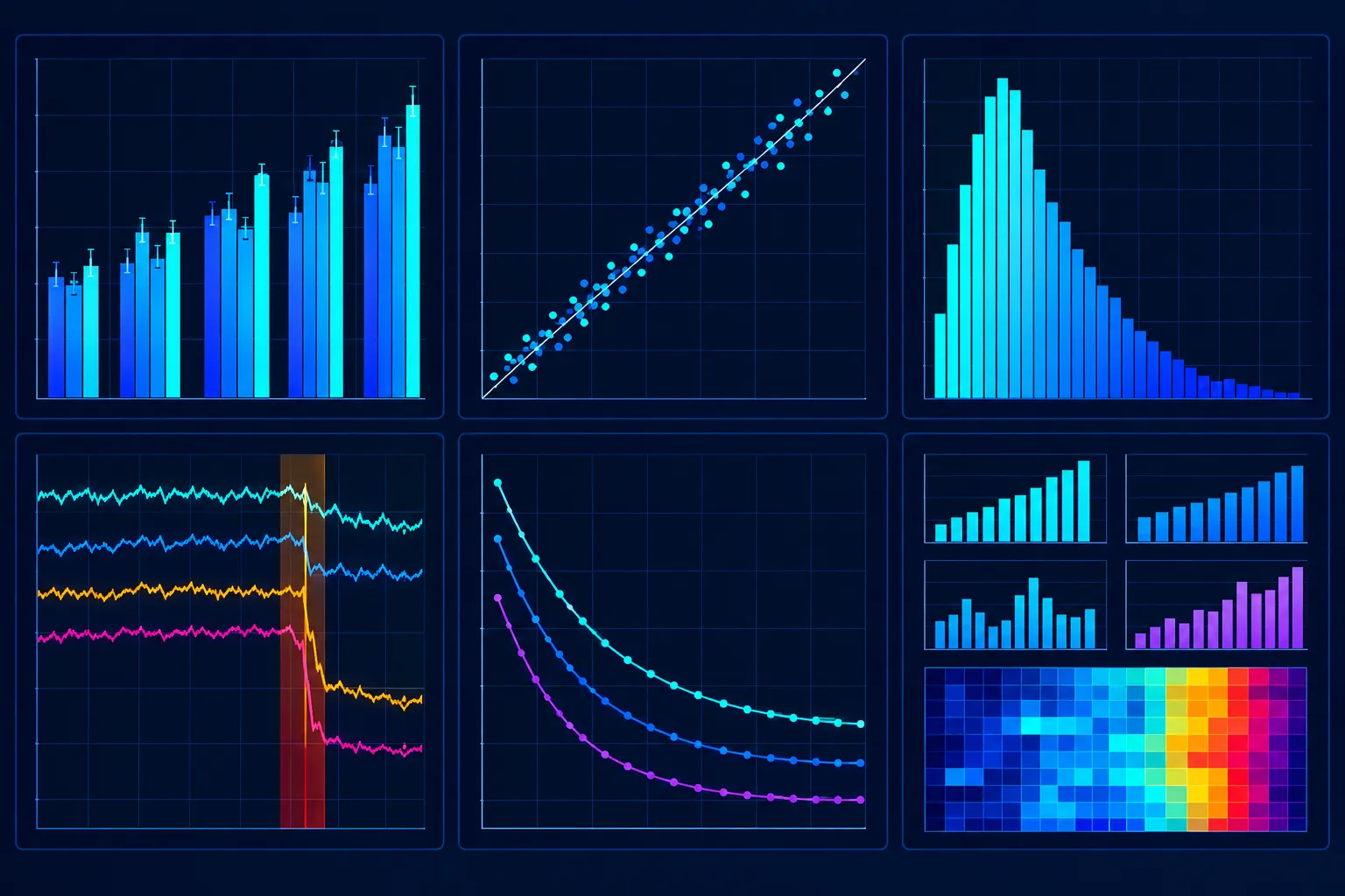 An evaluation dashboard with accuracy, calibration, latency and cost panels, one showing a drop highlighted in red