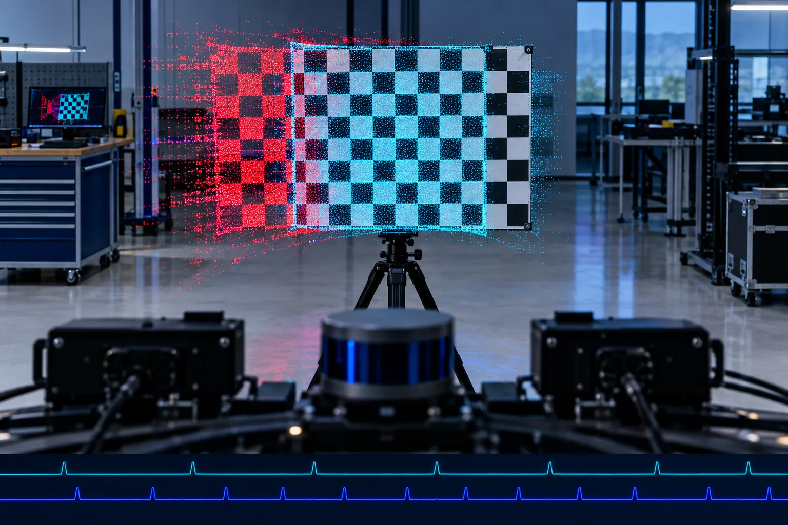 A checkerboard calibration target with a lidar point cloud projected onto it, one projection misaligned in red and one aligned in cyan
