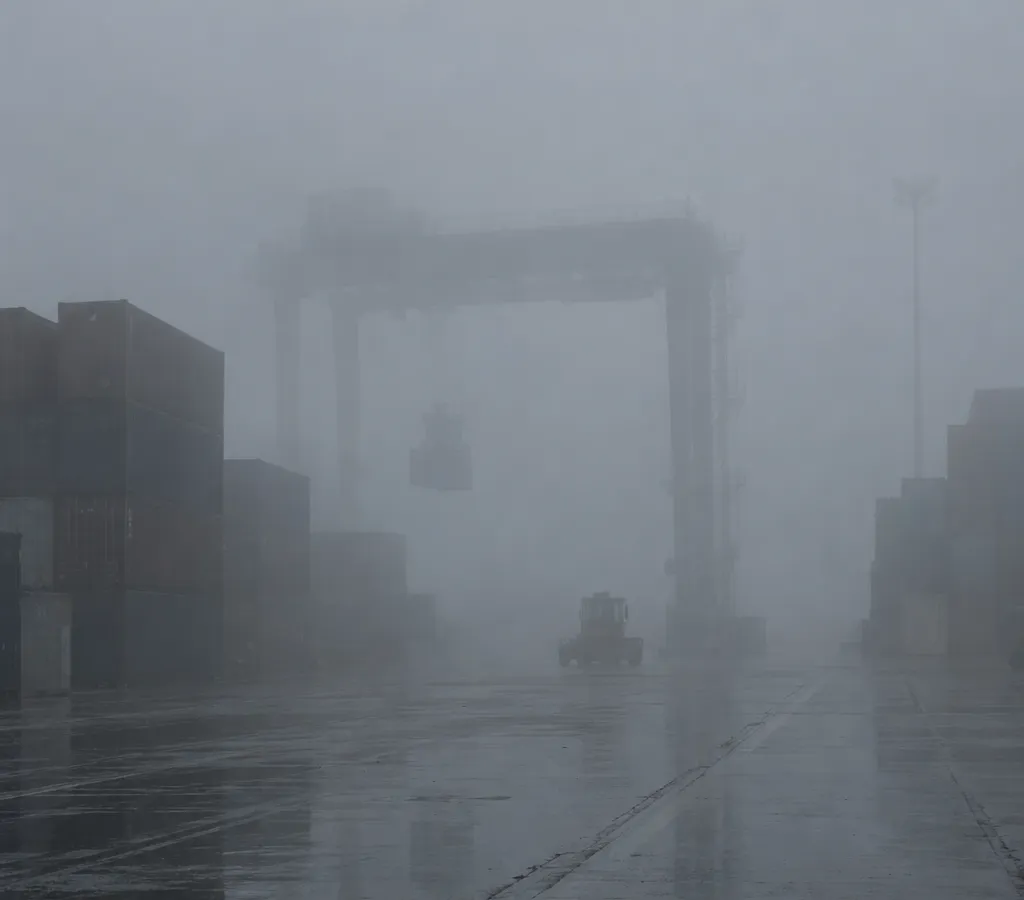 A container yard in dense fog, with a gantry crane and a vehicle reduced to faint silhouettes