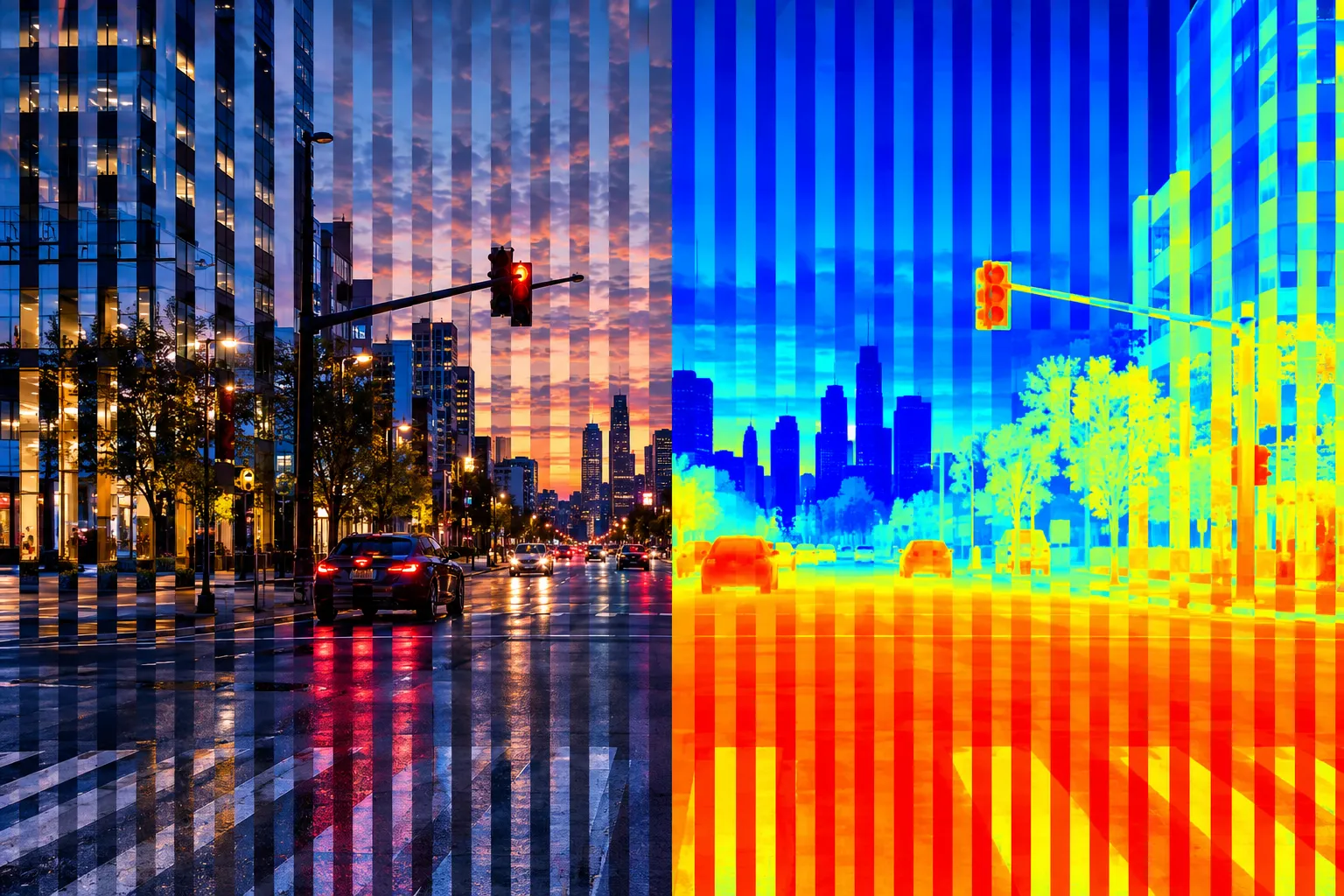 A street scene with the camera image and a depth map interleaved into one combined input