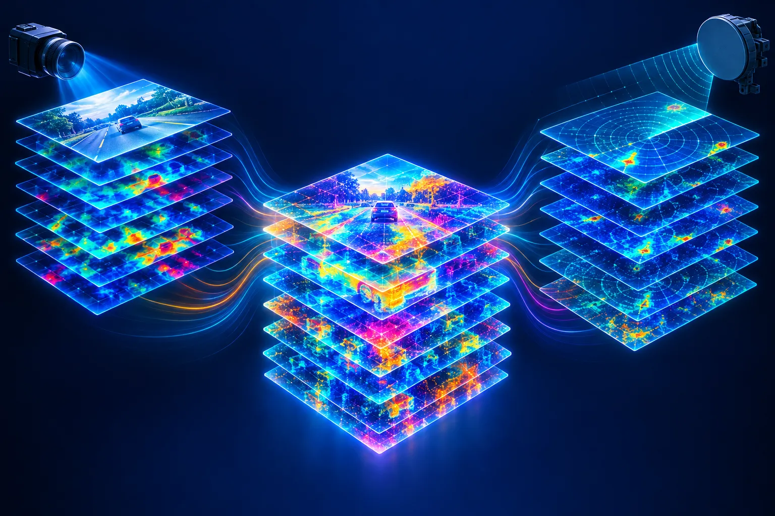 Feature maps from a camera and a radar merging into one combined stack