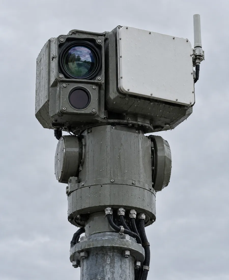 A sensor head carrying optical, thermal and radar apertures on one mount