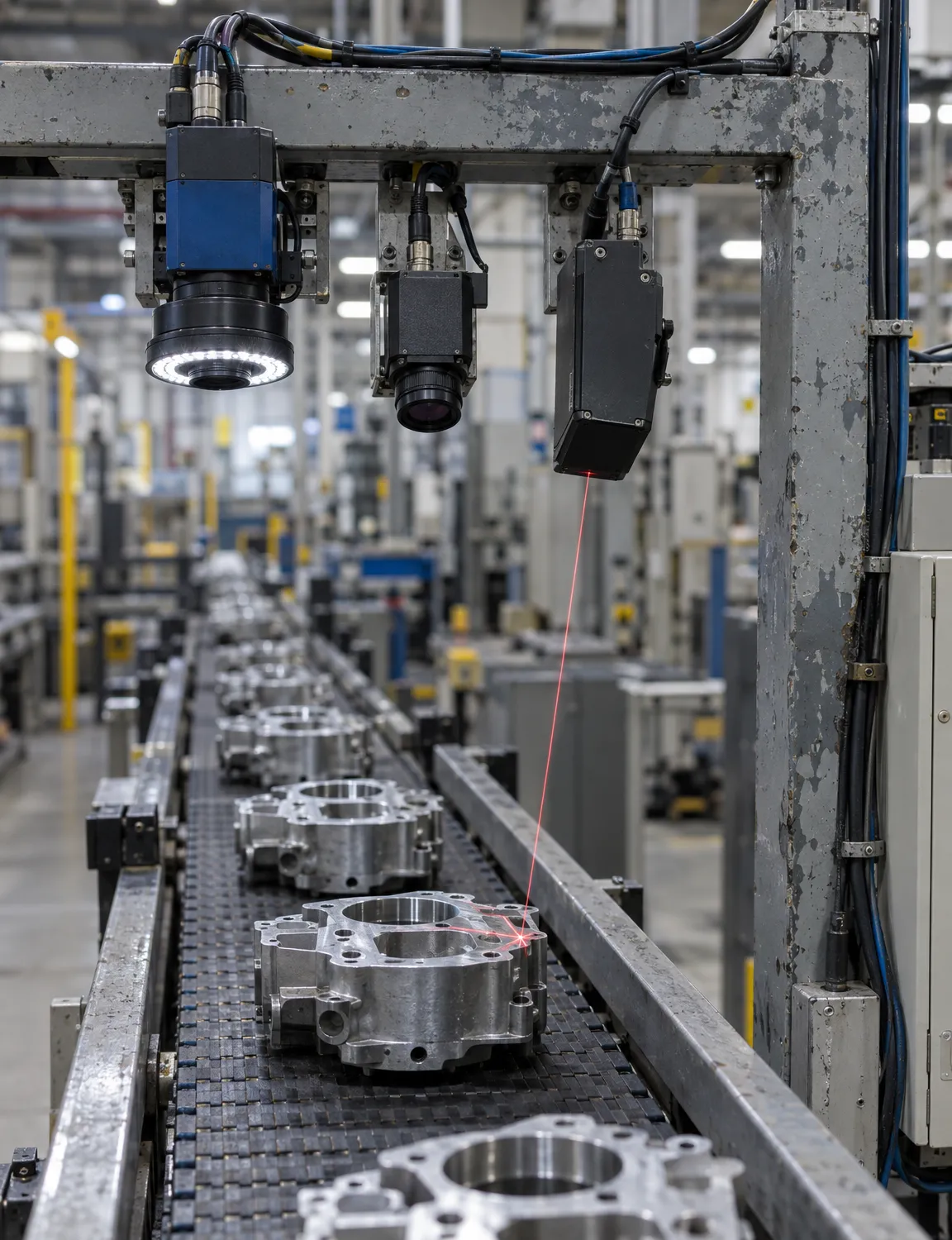 A colour camera, a thermal camera and a laser profiler mounted together above a conveyor of machined parts