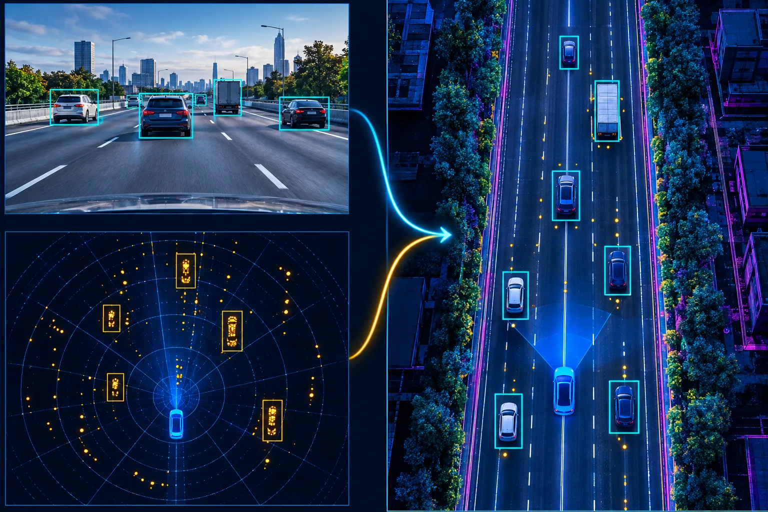 Camera detections and a radar plot of the same road combined into one top-down map