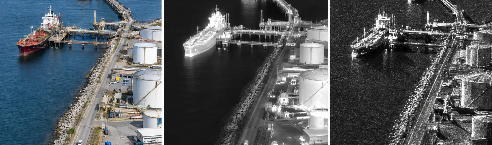 The same jetty and tank farm shown three ways: daylight optical, thermal infrared, and synthetic aperture radar