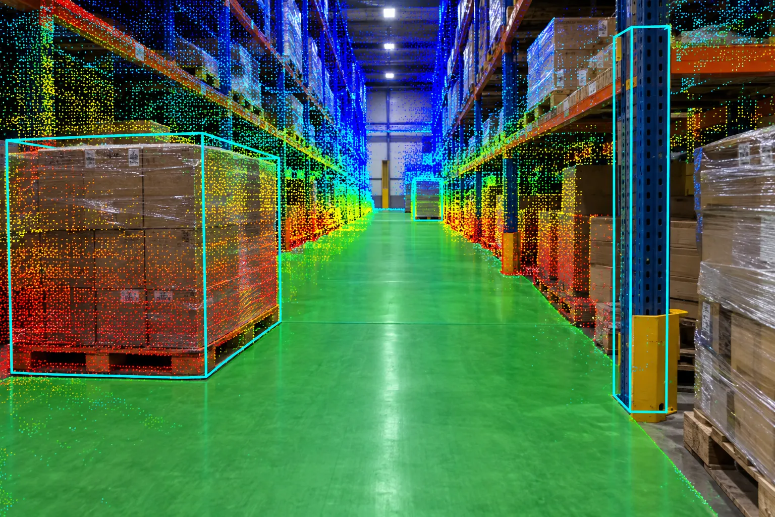A warehouse aisle seen by a robot, with a lidar point cloud coloured by distance and boxes around a pallet and a shelf upright