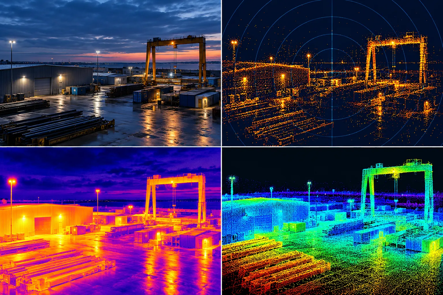 The same industrial yard seen by camera, radar, thermal and lidar in a two-by-two grid