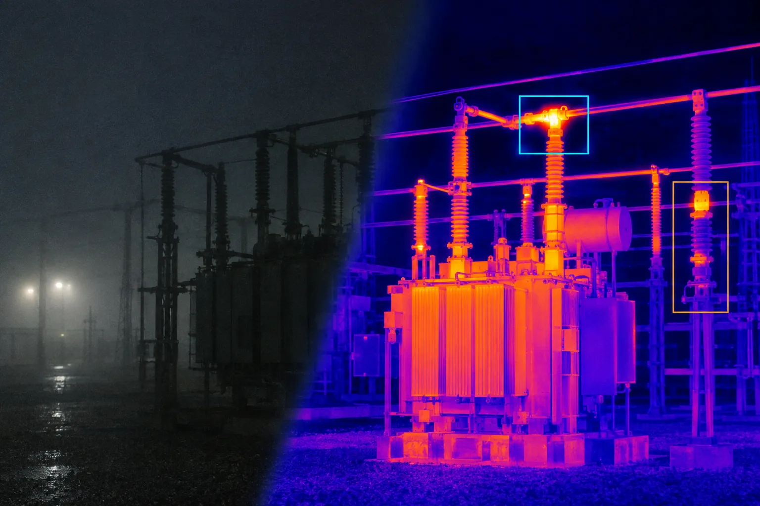 A substation at night in fog: a dim visible-light image blending into a thermal view with one hot connector outlined