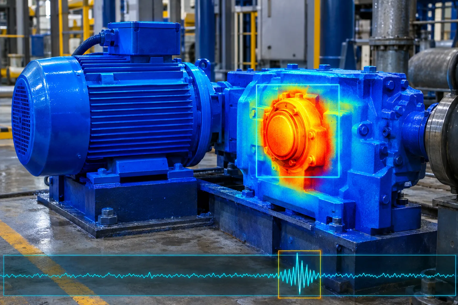 An industrial motor and gearbox with a thermal overlay showing one hot bearing and a vibration trace along the bottom