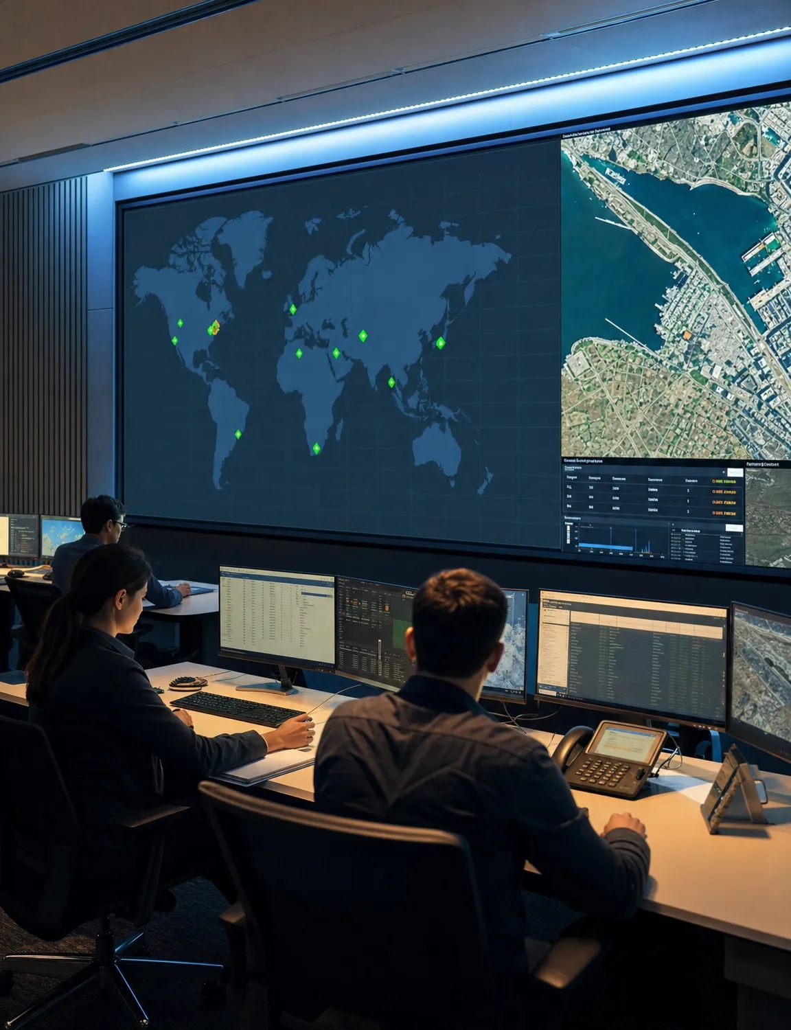Defense analysts monitoring a situational-awareness display