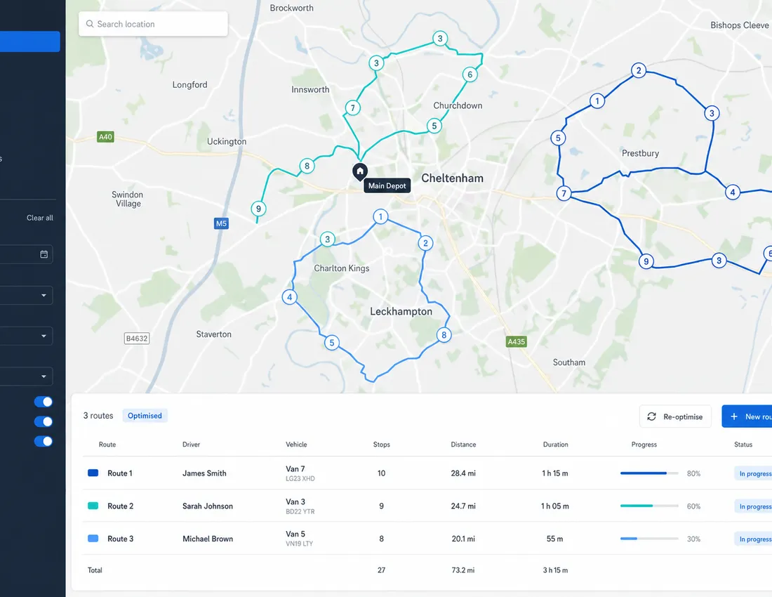 AI route optimization visualization showing optimized delivery paths