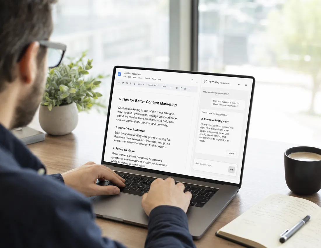 Marketer creating content with AI-assisted tools