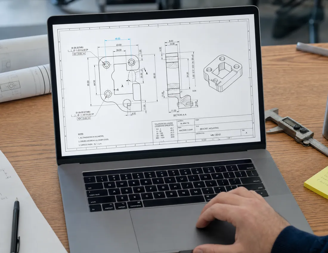 Technical drawing under AI-supported analysis on a laptop
