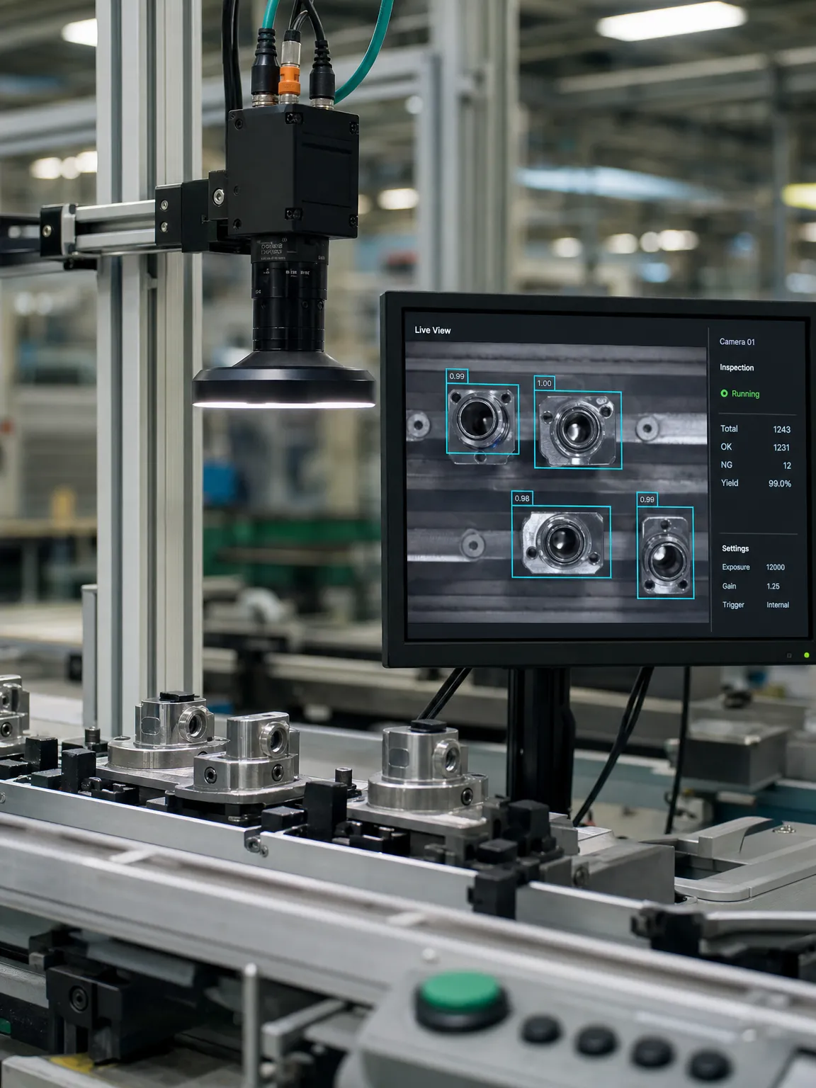 An inline inspection station with a monitor showing machined parts detected in real time
