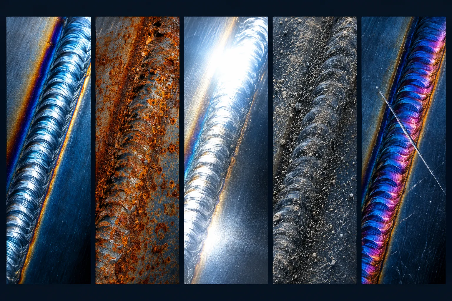 Five generatively altered variants of the same weld-seam photo: rust, glare, dust, colour and a scratch